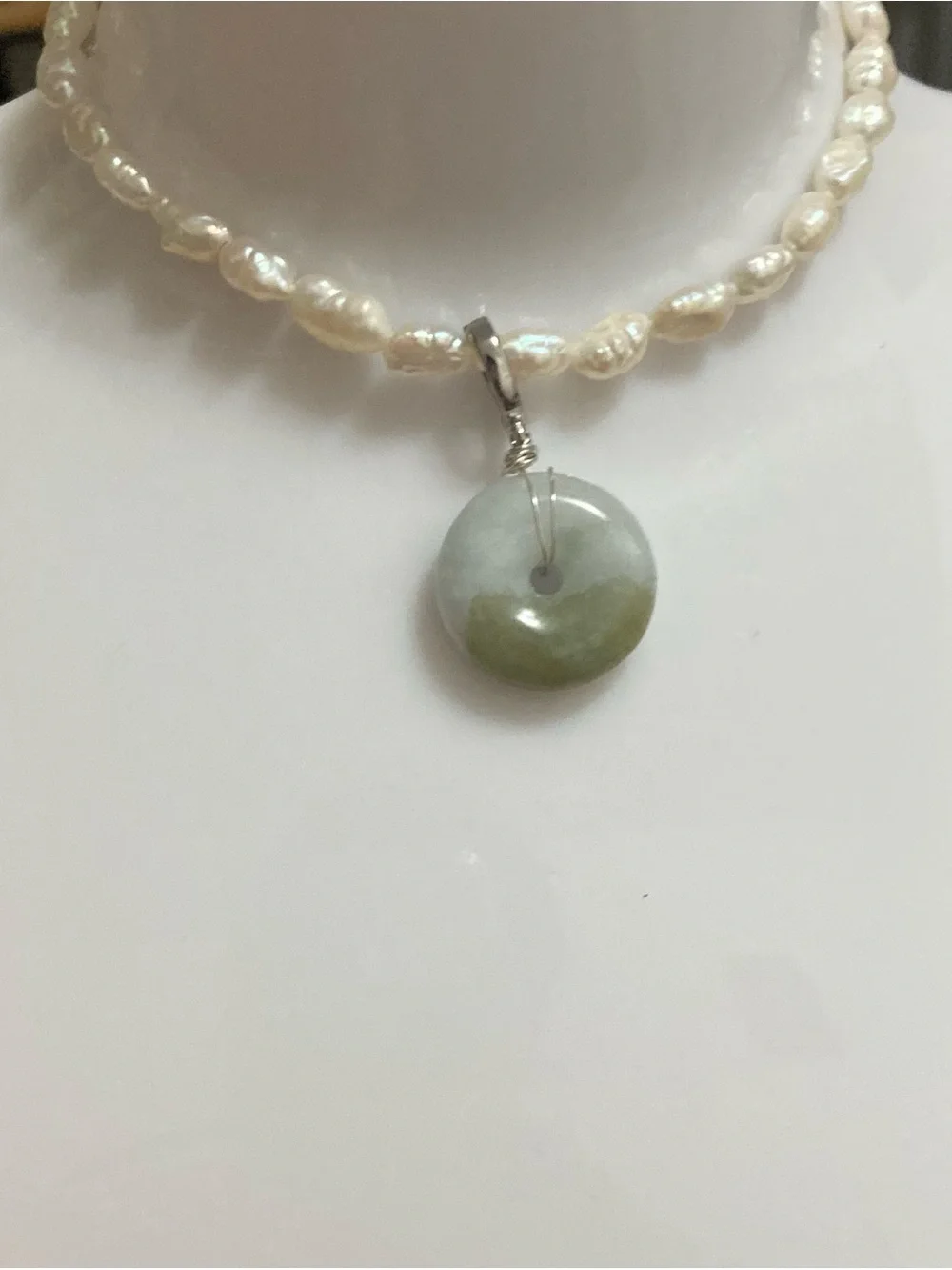 Jade Donut Pendant Necklace - Light Green/White